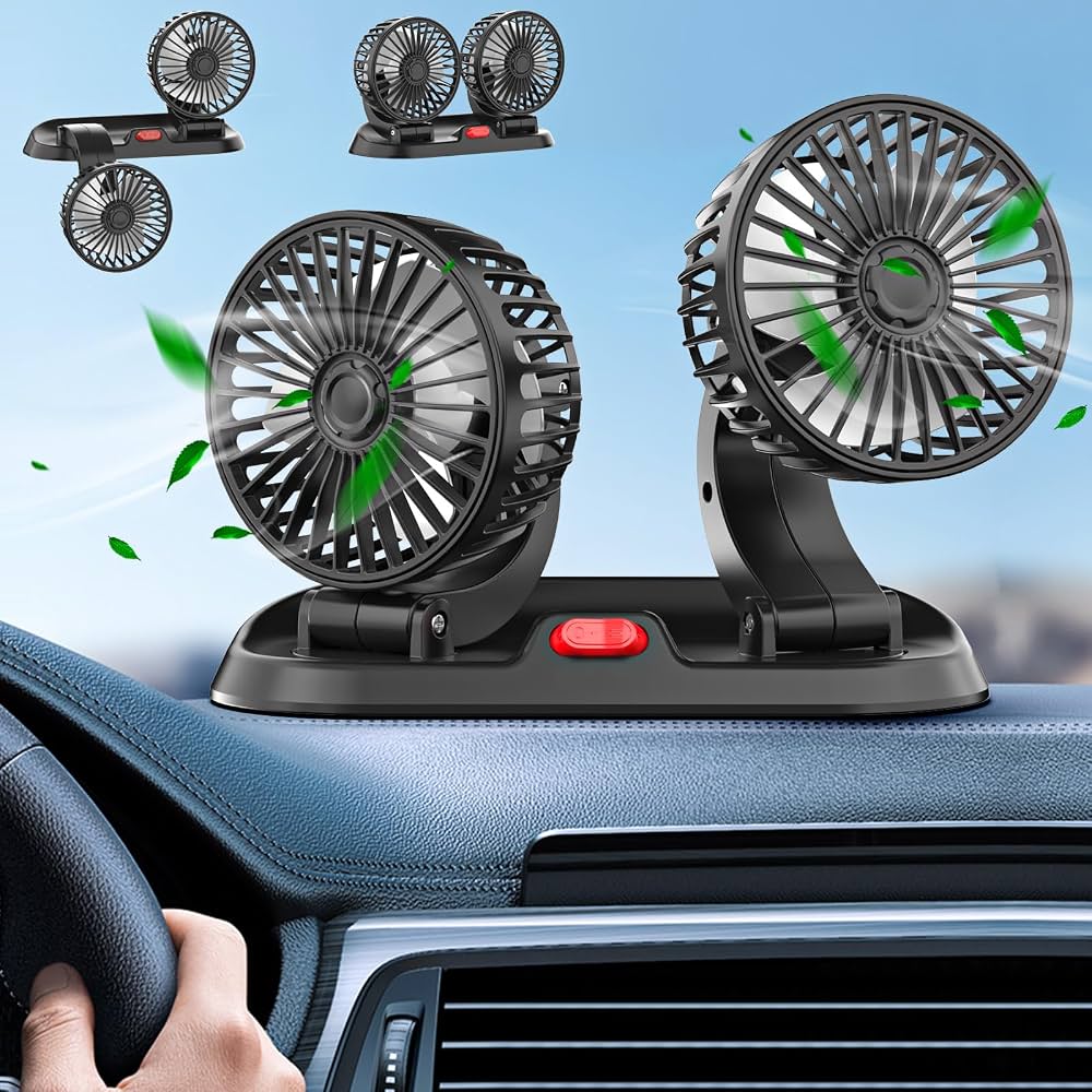 Car Cooling Fan with Dual Heads | Powerful Airflow | DC 12V